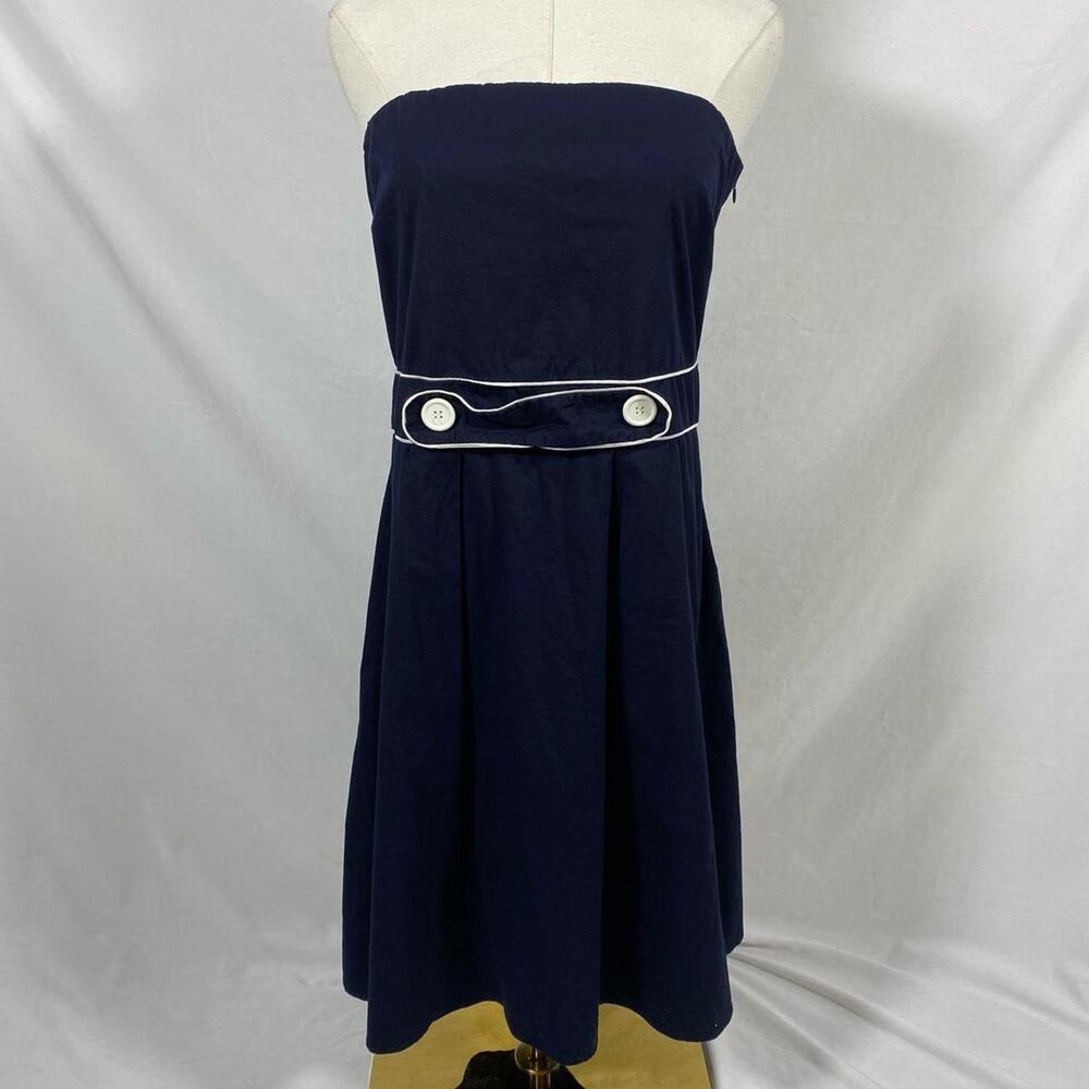 Forever navy blue strapless midi dress white trim button large y2k coastal